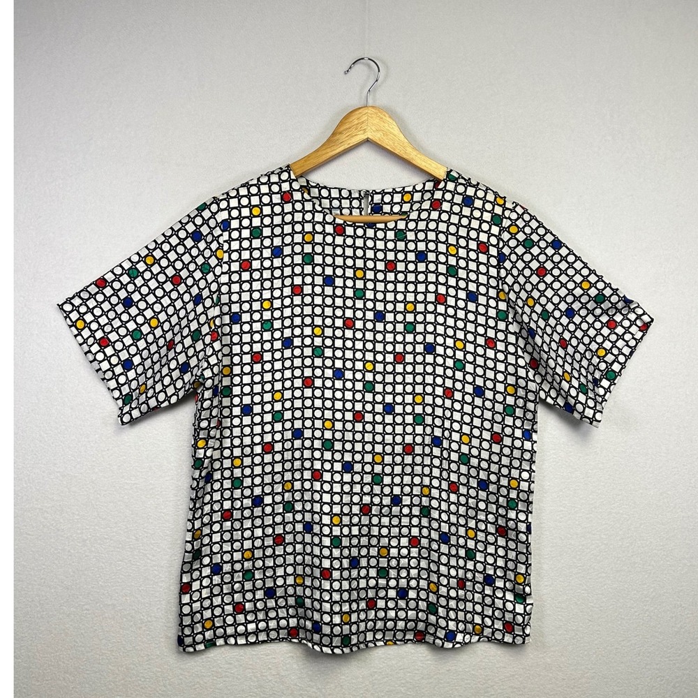 Vintage Distinction Geometric Square Dot Print Blouse Top Women‎ Size 8